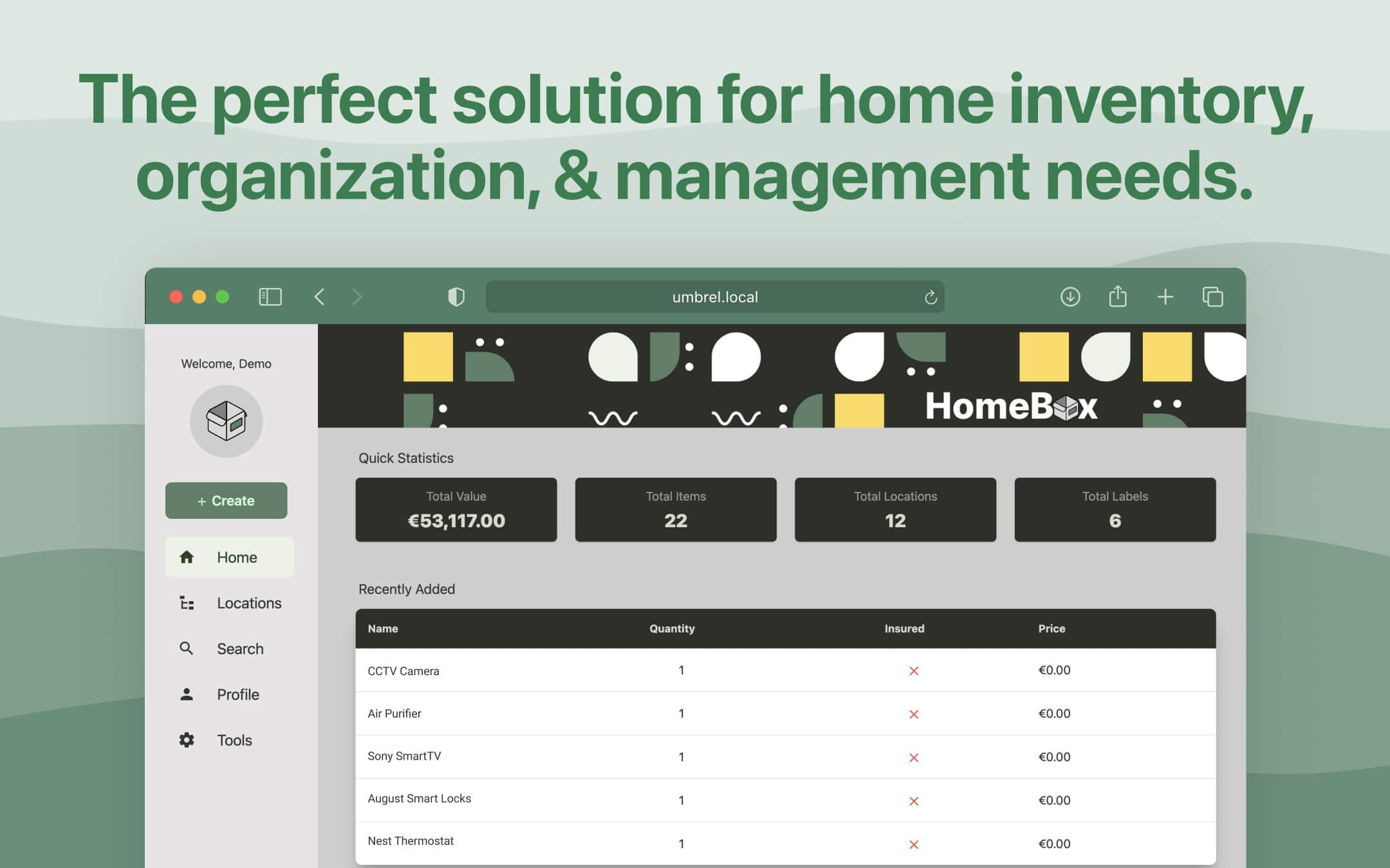 Screenshot 1 of HomeBox app on Umbrel App Store