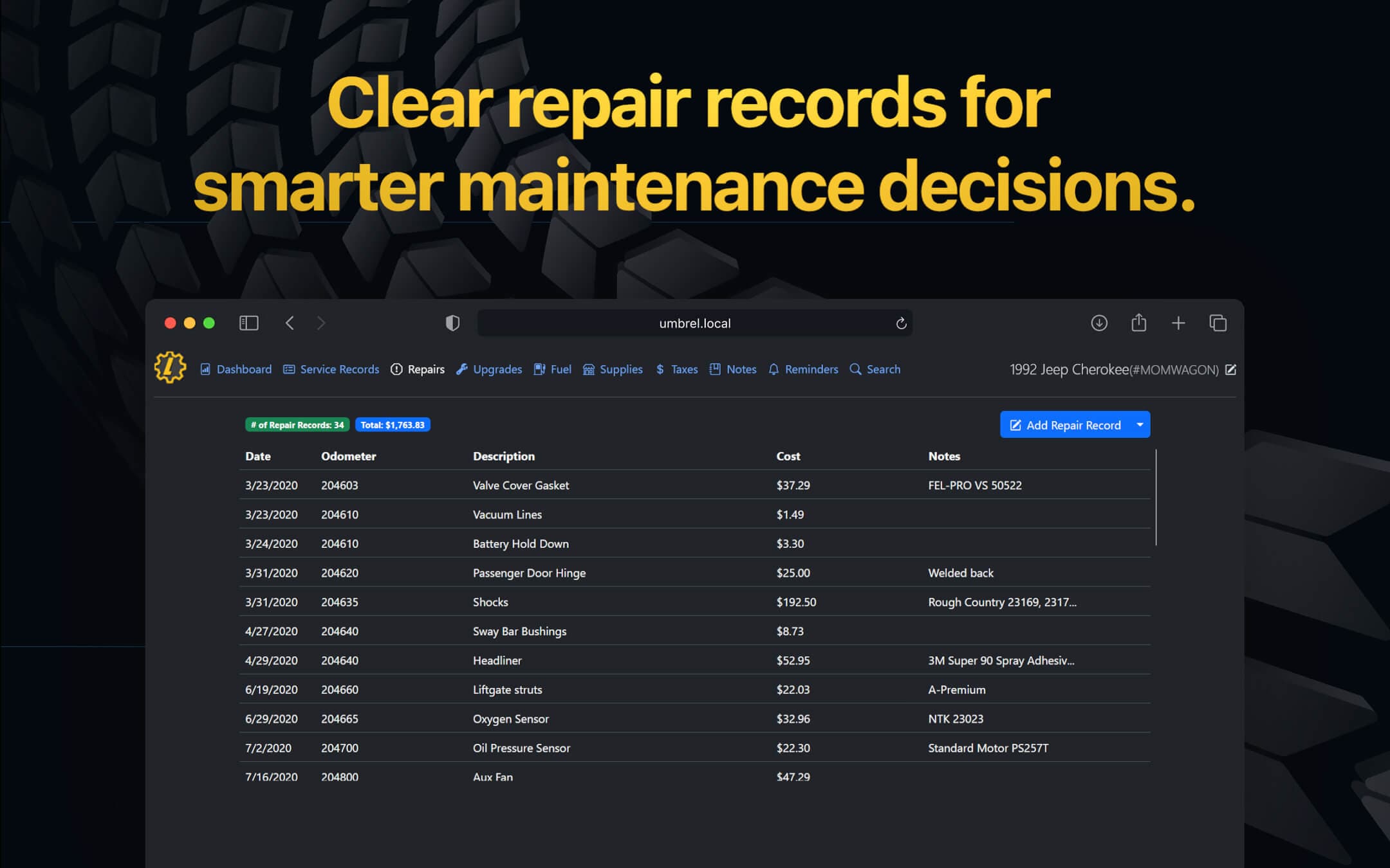 Screenshot 3 of LubeLogger app on Umbrel App Store