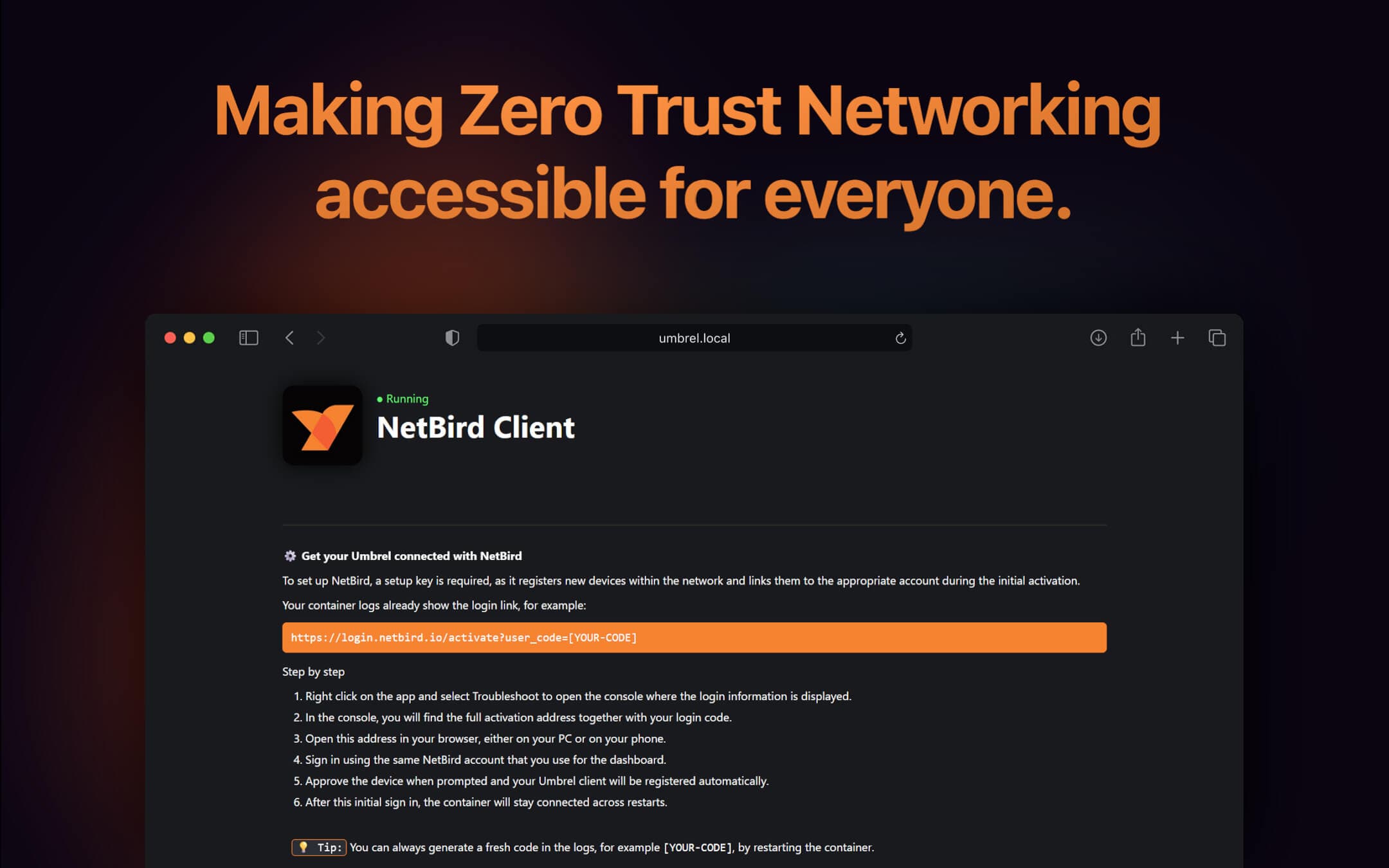 Screenshot 1 of NetBird app on Umbrel App Store