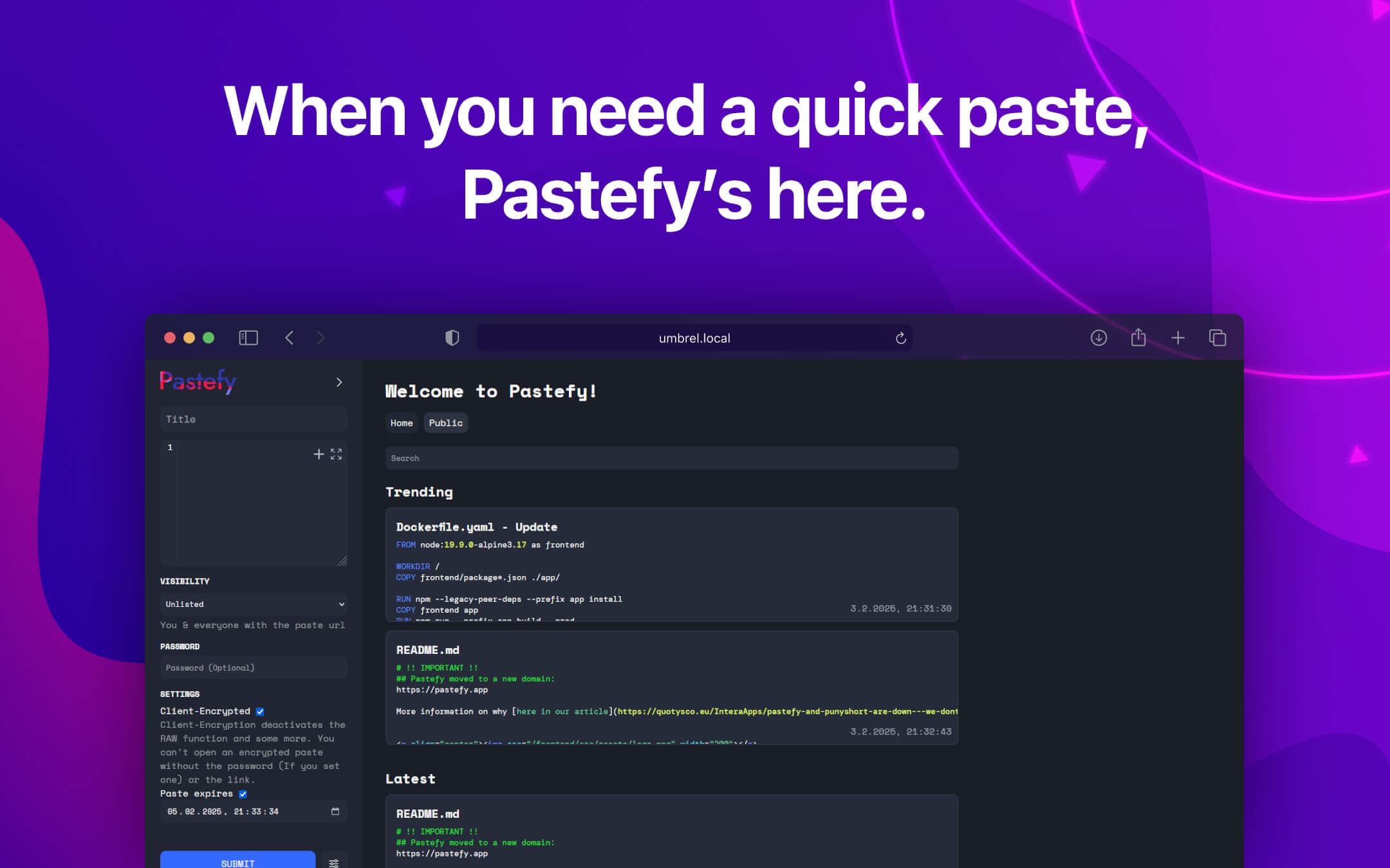 Screenshot 1 of Pastefy app on Umbrel App Store